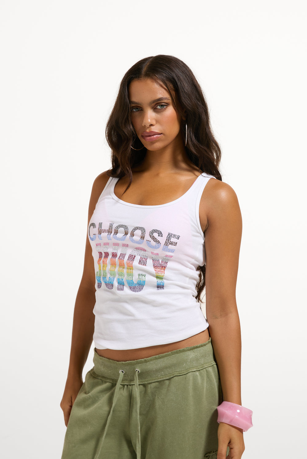 Displays a model wearing the White 'Juicy' branded Choose juicy vest top 