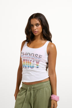 Displays a model wearing the White 'Juicy' branded Choose juicy vest top 