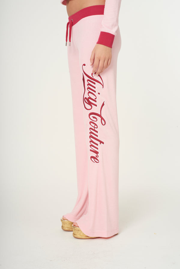 CANDY PINK TOWELLING RETRO LOGO LOW RISE FLARE PANTS