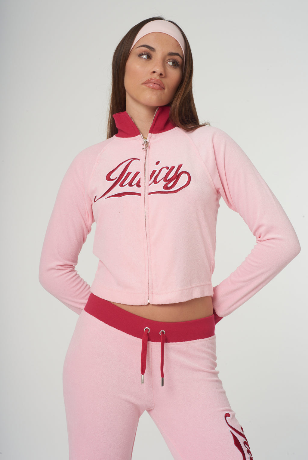 CANDY PINK TOWELLING RETRO LOGO CROPPED TRACK TOP