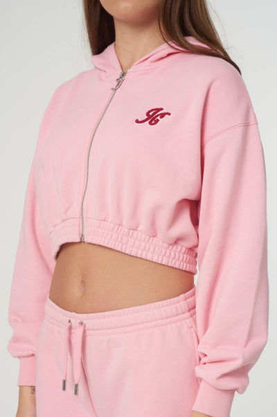 JUICY PINK CROPPED LOOSE FIT RETRO LOGO HOODIE