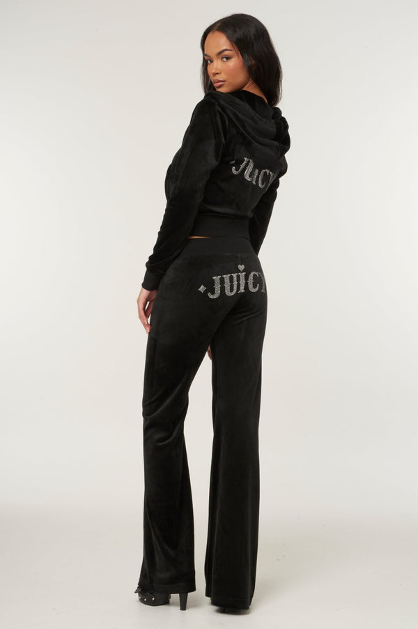 BLACK LOW RISE RODEO RECYCLED VELOUR DIAMANTE TRACK PANT