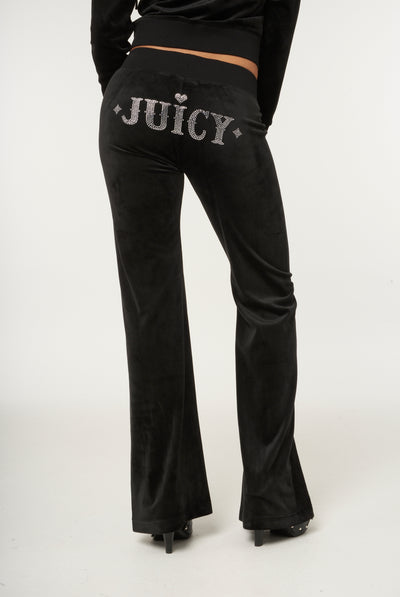 BLACK LOW RISE RODEO RECYCLED VELOUR DIAMANTE TRACK PANT