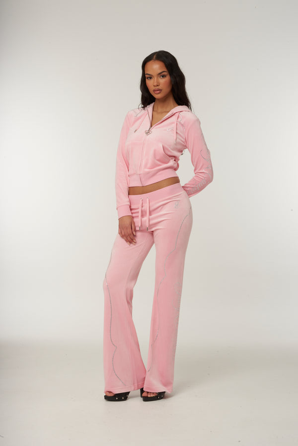 CANDY PINK LOW RISE WESTERN CLASSIC VELOUR DIAMANTE TRACK PANT