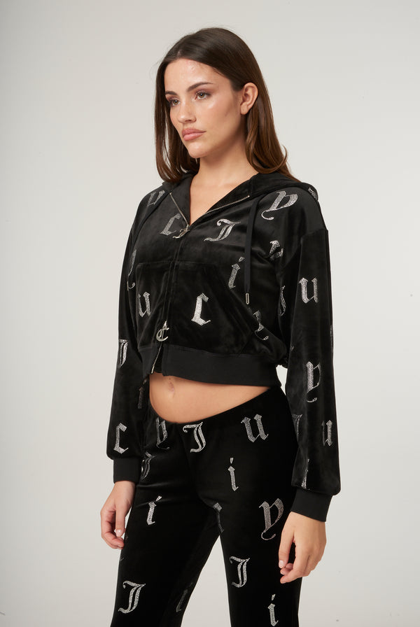 BLACK CLASSIC VELOUR ALL OVER DIAMANTE CROPPED HOODIE