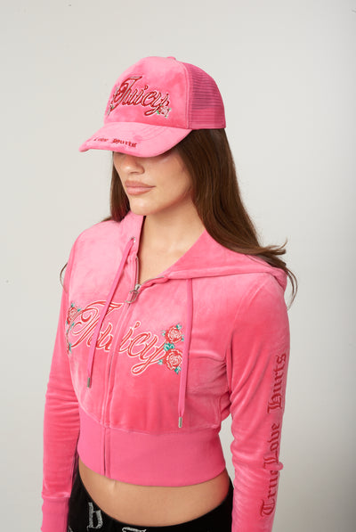 HOT PINK ROSE EMBROIDERED VELOUR TRUCKER CAP