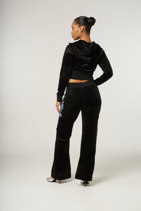 BLACK ROSE LOW RISE RECYCLED VELOUR TRACK PANT