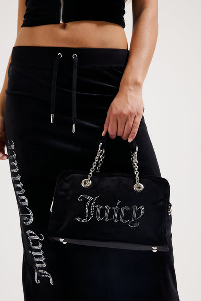 BLACK VELOUR DIAMANTE &  CHAIN BOWLING BAG