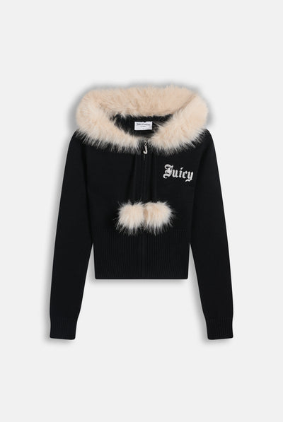 Black Knitted Fur Trim Hoodie