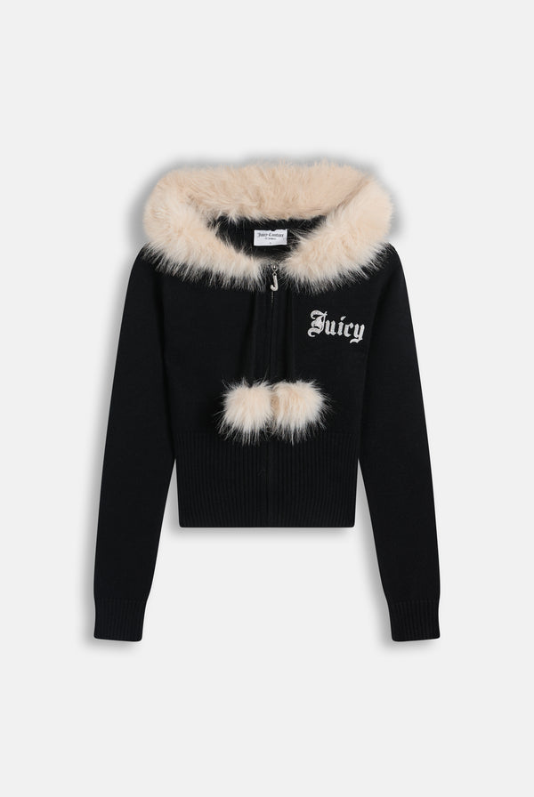 Displays the Black 'Juicy' branded Knitted Fur Trim Hoodie