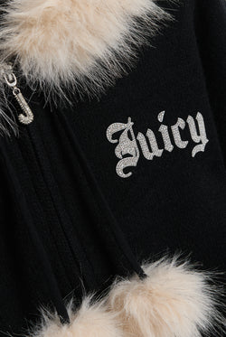 Displays the Black 'Juicy' branded Knitted Fur Trim Hoodie featuring the juicy branding 