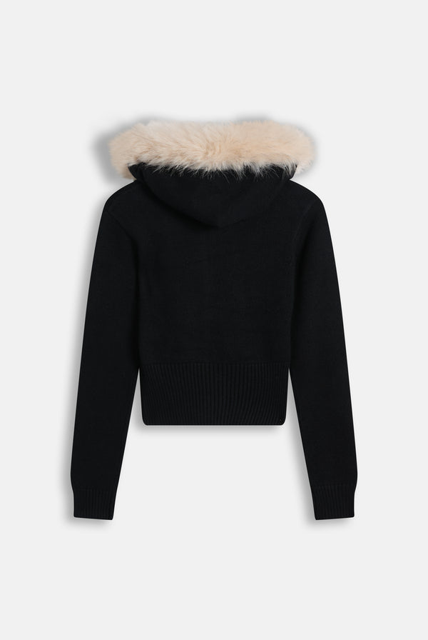 Displays the Black 'Juicy' branded Knitted Fur Trim Hoodie
