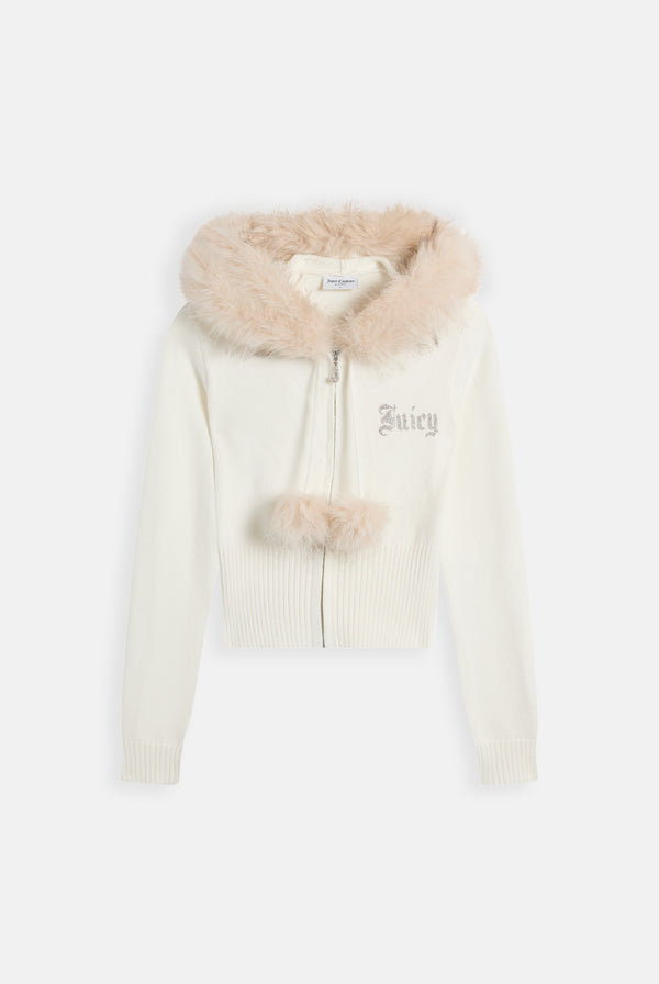 Displays the Cream 'Juicy' branded Knitted Fur Trim Hoodie