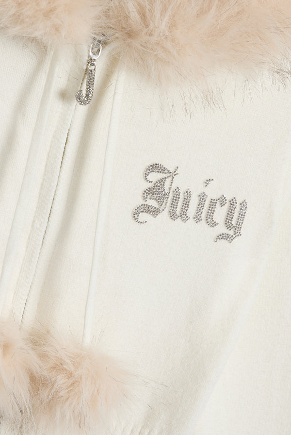 Displays the Cream 'Juicy' branded Knitted Fur Trim Hoodie featuring the juicy branding 