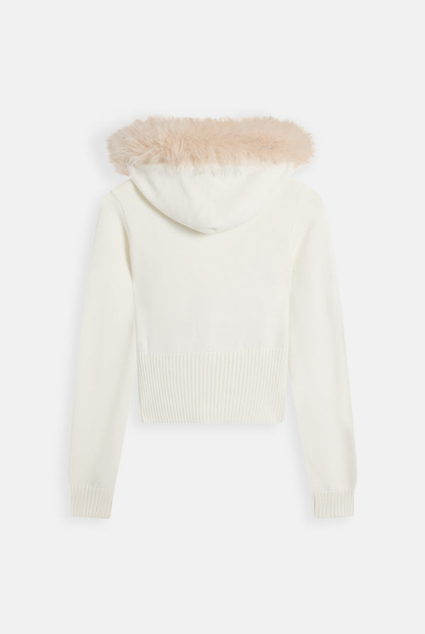 Displays the Cream 'Juicy' branded Knitted Fur Trim Hoodie