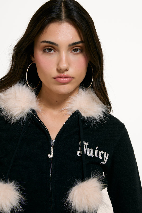 Black Knitted Fur Trim Hoodie