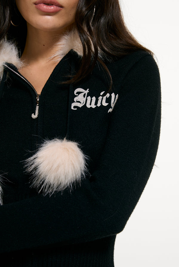 Black Knitted Fur Trim Hoodie