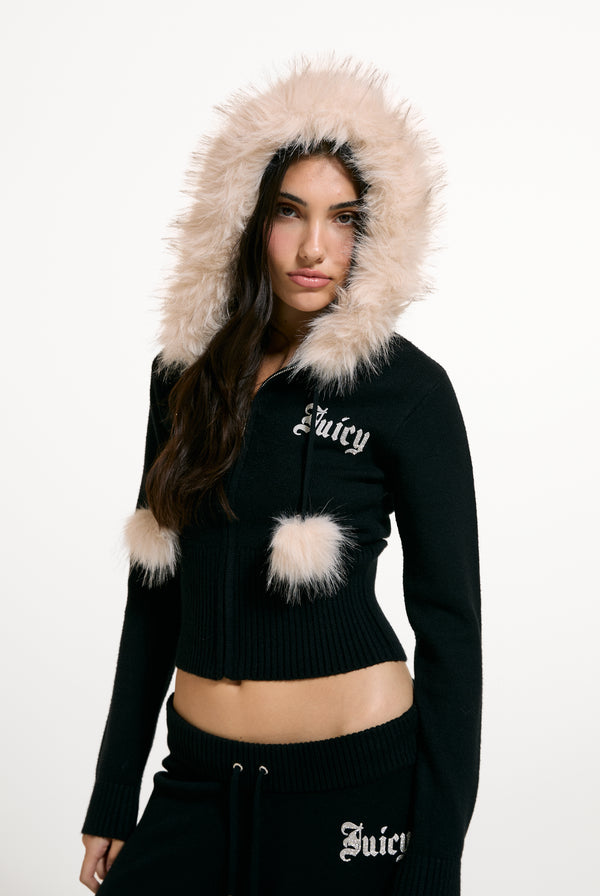 Black Knitted Fur Trim Hoodie