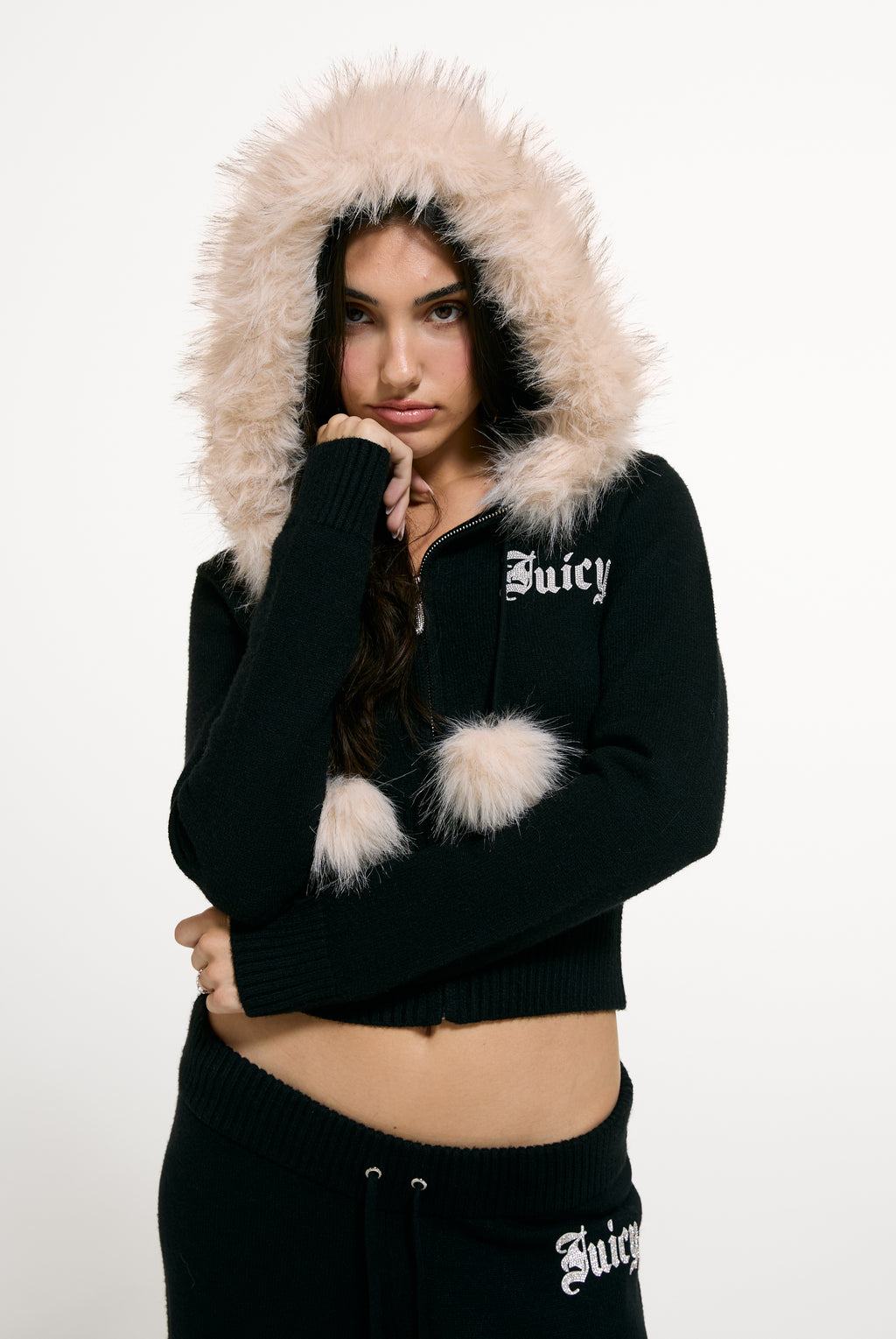 Black Knitted Fur Trim Hoodie