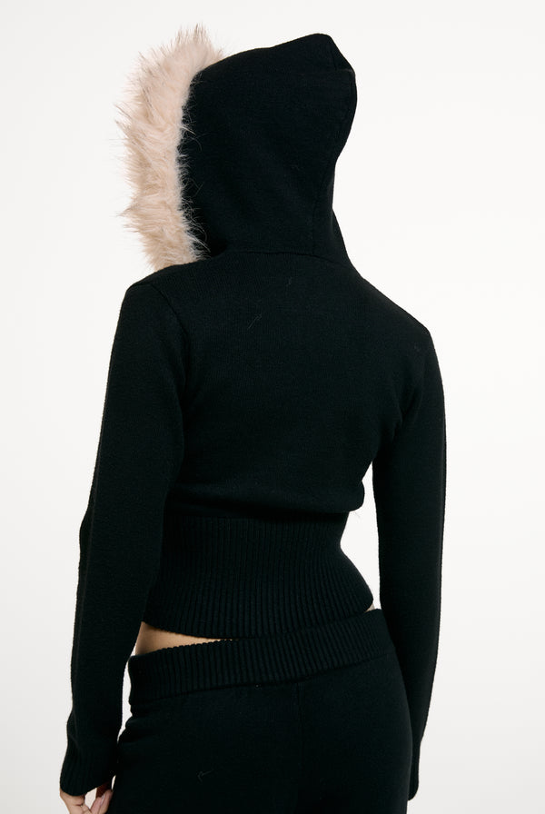 Black Knitted Fur Trim Hoodie