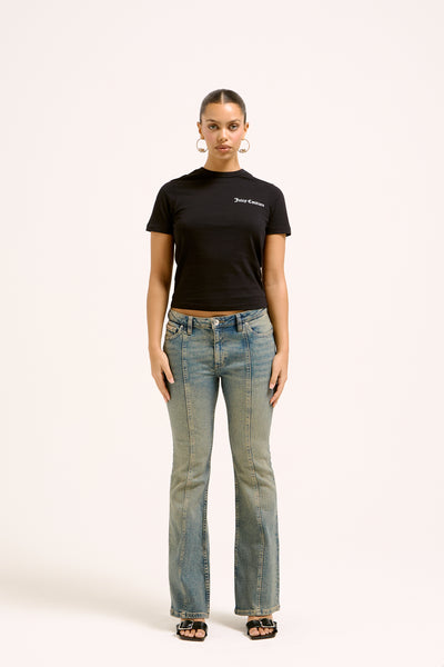 VINTAGE WASH DIAMANTE DENIM FLARED JEANS