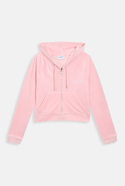 JUICY PINK HIBISCUS DIAMANTÉ VELOUR ZIP-THROUGH HOODIE