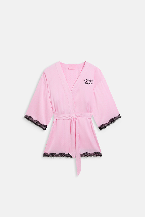 Displays the Cherry Blossom 'Juicy' branded heart lace trim robe 