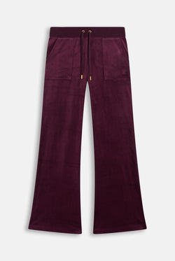 Displays the Winetasting & Gold 'Juicy' branded Low Rise Flare Classic Velour Track Pant