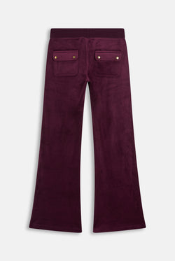 Displays the Winetasting & Gold 'Juicy' branded Low Rise Flare Classic Velour Track Pant