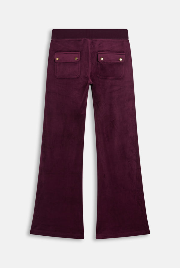 Displays the Winetasting & Gold 'Juicy' branded Low Rise Flare Classic Velour Track Pant