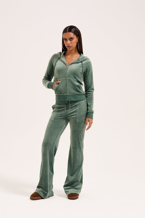 DUCK GREEN  LOW RISE VELOUR TRACK PANTS