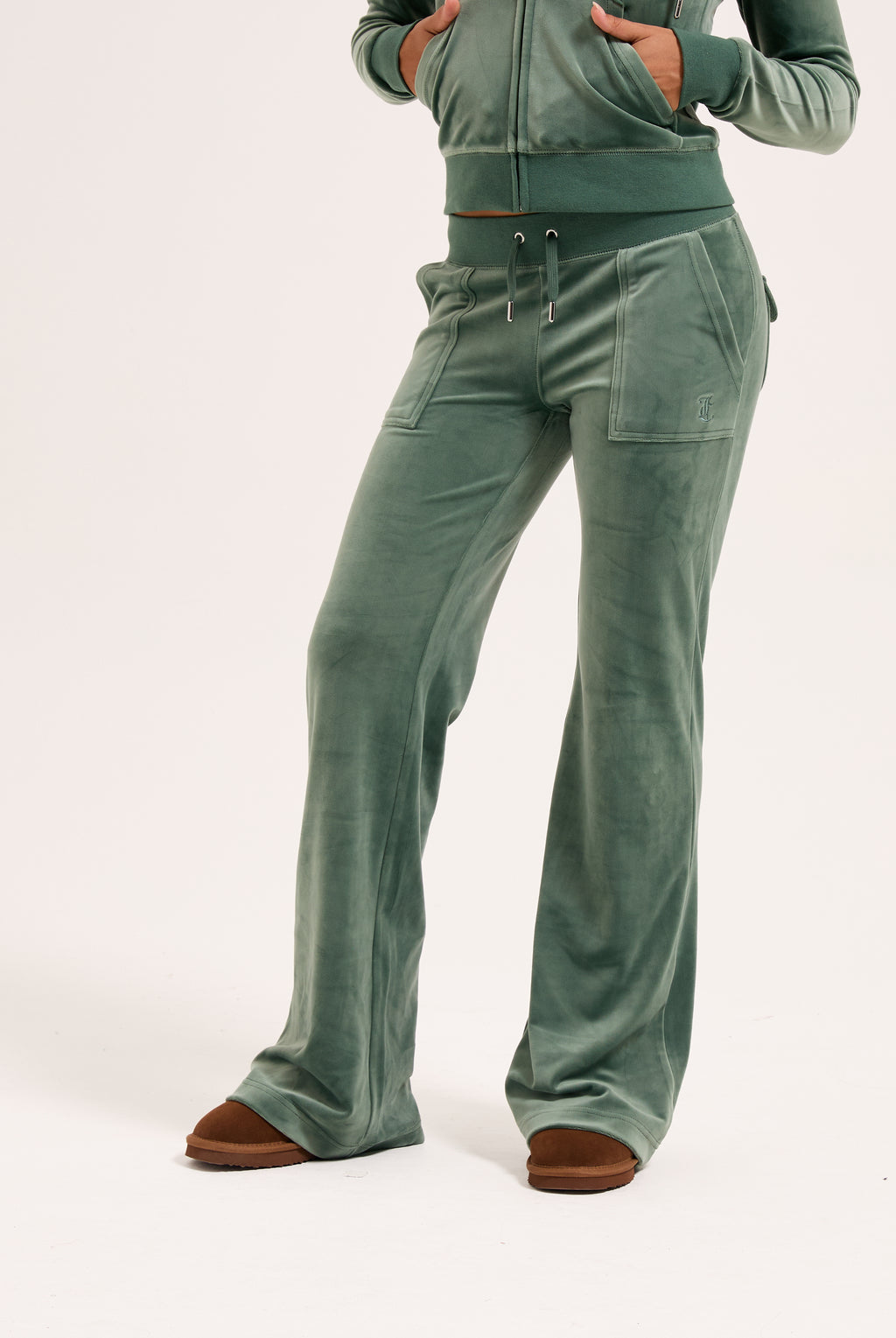 DUCK GREEN  LOW RISE VELOUR TRACK PANTS