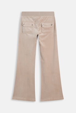 Displays the String 'Juicy' branded low rise flare pocket classic velour track pant 