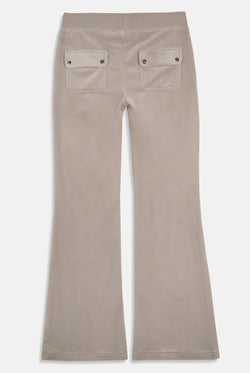 Displays the String 'Juicy' branded low rise flare pocket classic velour track pant 