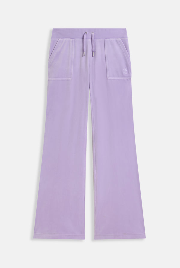 Displays the pastel lilac 'juicy' branded low rise flare classic velour track pant 
