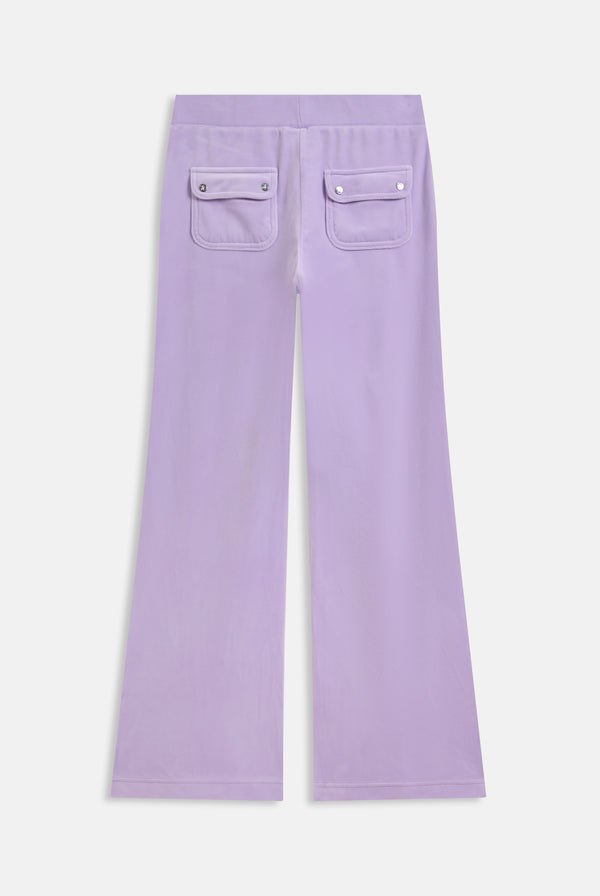 Displays the pastel lilac 'juicy' branded low rise flare classic velour track pant 