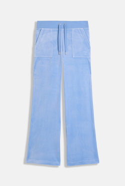 Displays the Della Robia 'Juicy' branded low rise flare classic velour track pant 