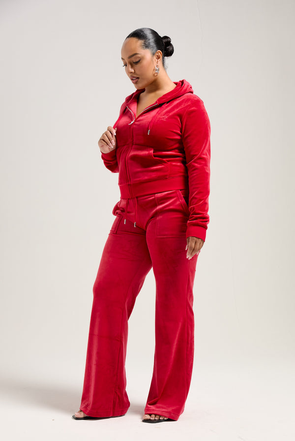 ASTOR RED LOW RISE FLARE CLASSIC VELOUR TRACK PANT