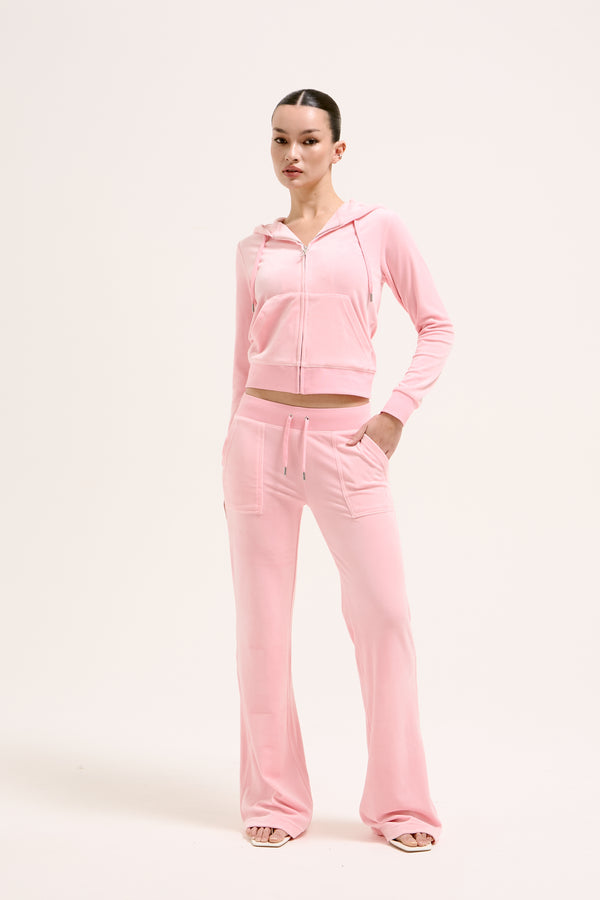 JUICY PINK  LOW RISE FLARE CLASSIC VELOUR TRACK PANT