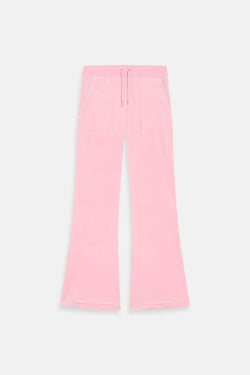 Displays the Juicy Pink 'Juicy' branded low rise flare classic velour track pant 