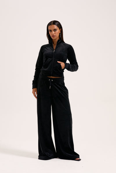 BLACK OUTLINE DIAMANTE WIDE LEG VELOUR TRACK PANT