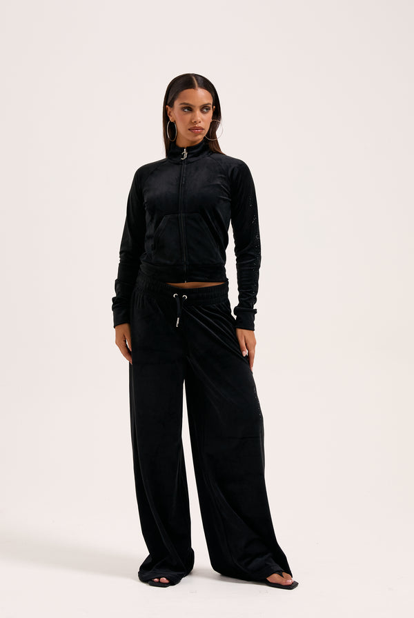 BLACK OUTLINE DIAMANTE WIDE LEG VELOUR TRACK PANT