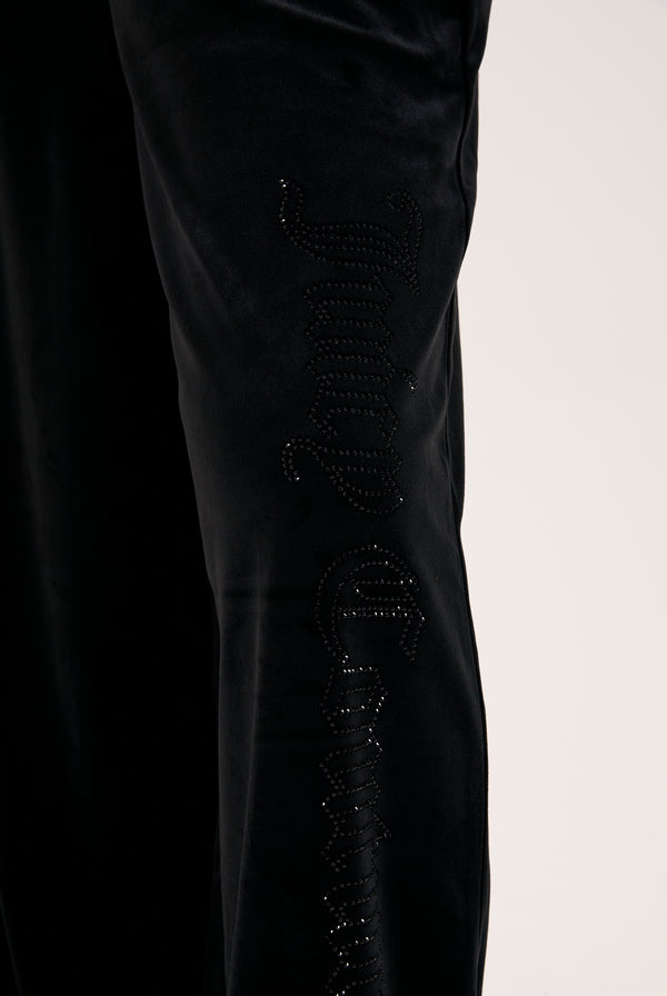 BLACK OUTLINE DIAMANTE WIDE LEG VELOUR TRACK PANT