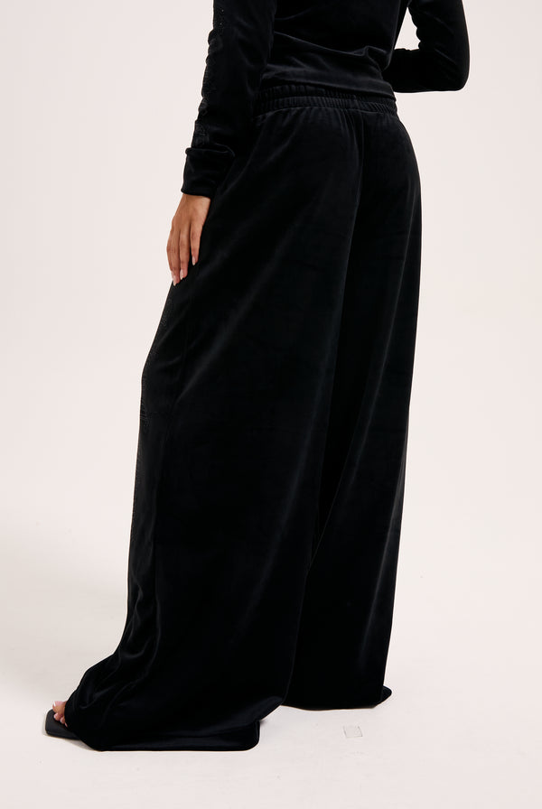 BLACK OUTLINE DIAMANTE WIDE LEG VELOUR TRACK PANT