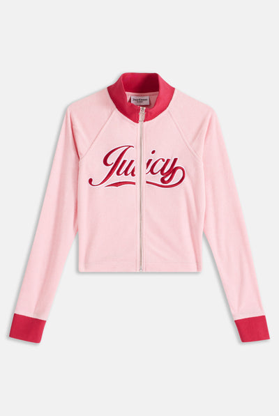 CANDY PINK TOWELLING RETRO LOGO CROPPED TRACK TOP