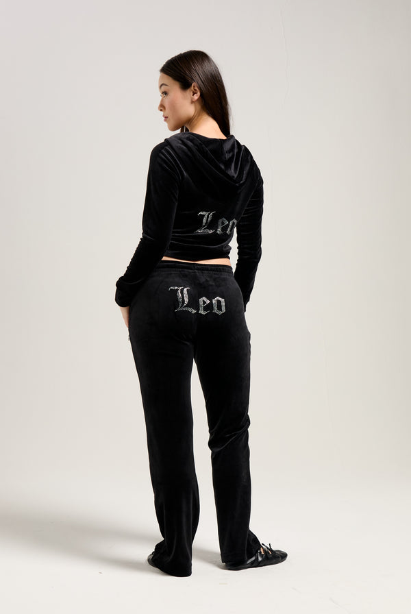 'LEO' BLACK DIAMANTÉ VELOUR ZIP-THROUGH HOODIE