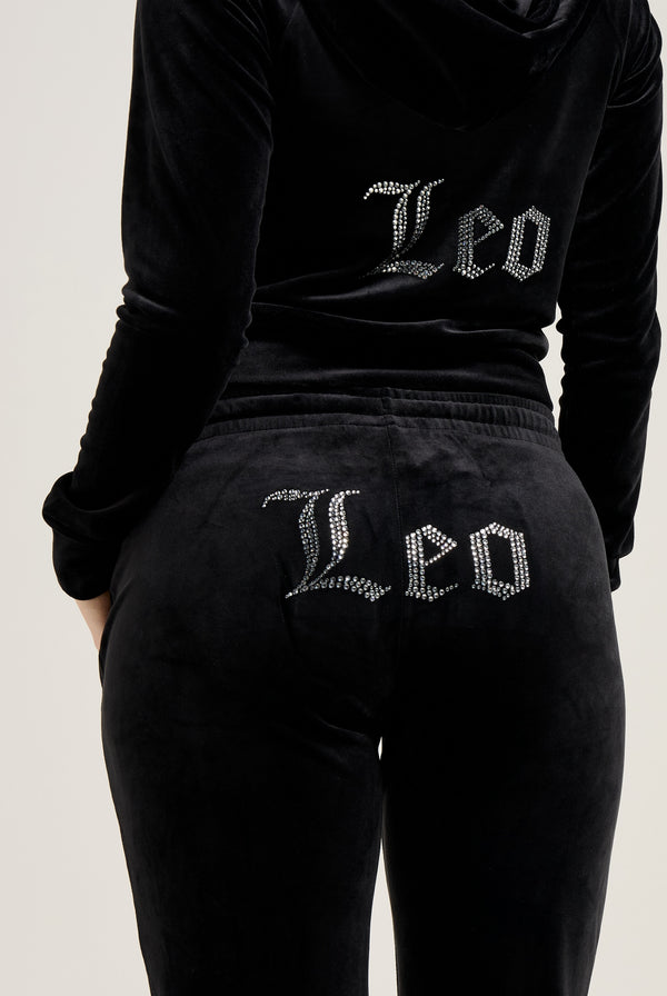 'LEO' BLACK DIAMANTÉ VELOUR ZIP-THROUGH HOODIE