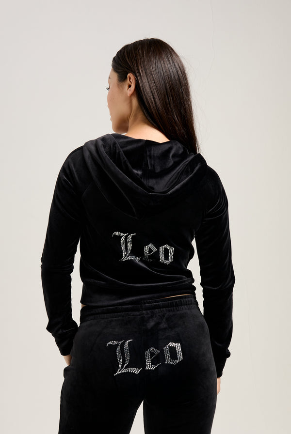 'LEO' BLACK DIAMANTÉ VELOUR ZIP-THROUGH HOODIE