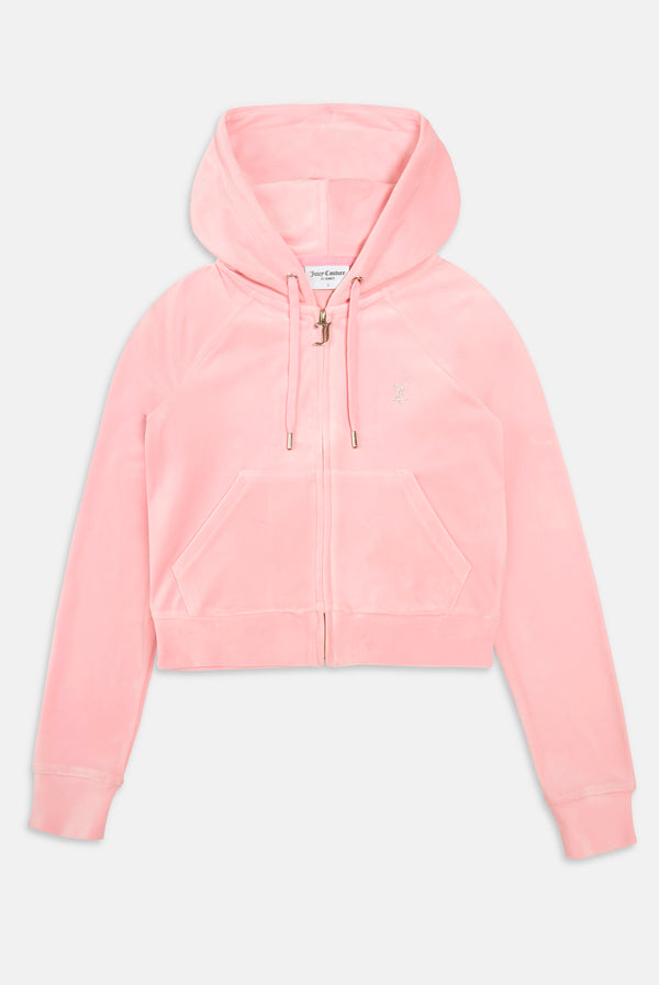 'LEO' JUICY PINK DIAMANTÉ VELOUR ZIP-THROUGH HOODIE
