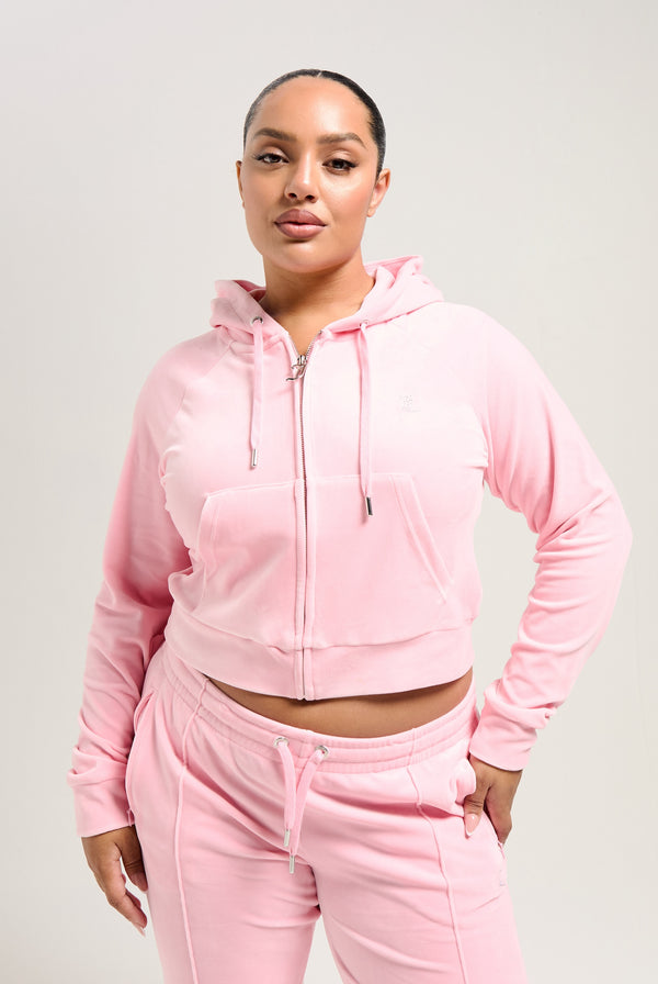 'LEO' JUICY PINK DIAMANTÉ VELOUR ZIP-THROUGH HOODIE